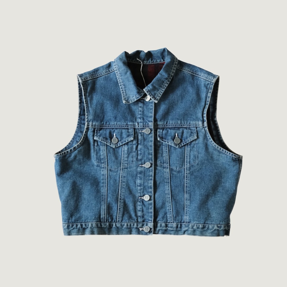 New York Line Denim Vest Womens Blue‎ Plaid Fleece Reversible Vintage XL Cropped